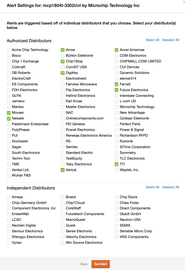 Distributor alert settings setup on Findchips