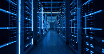 Server racks in computer network security server room data center. 3D render dark blue