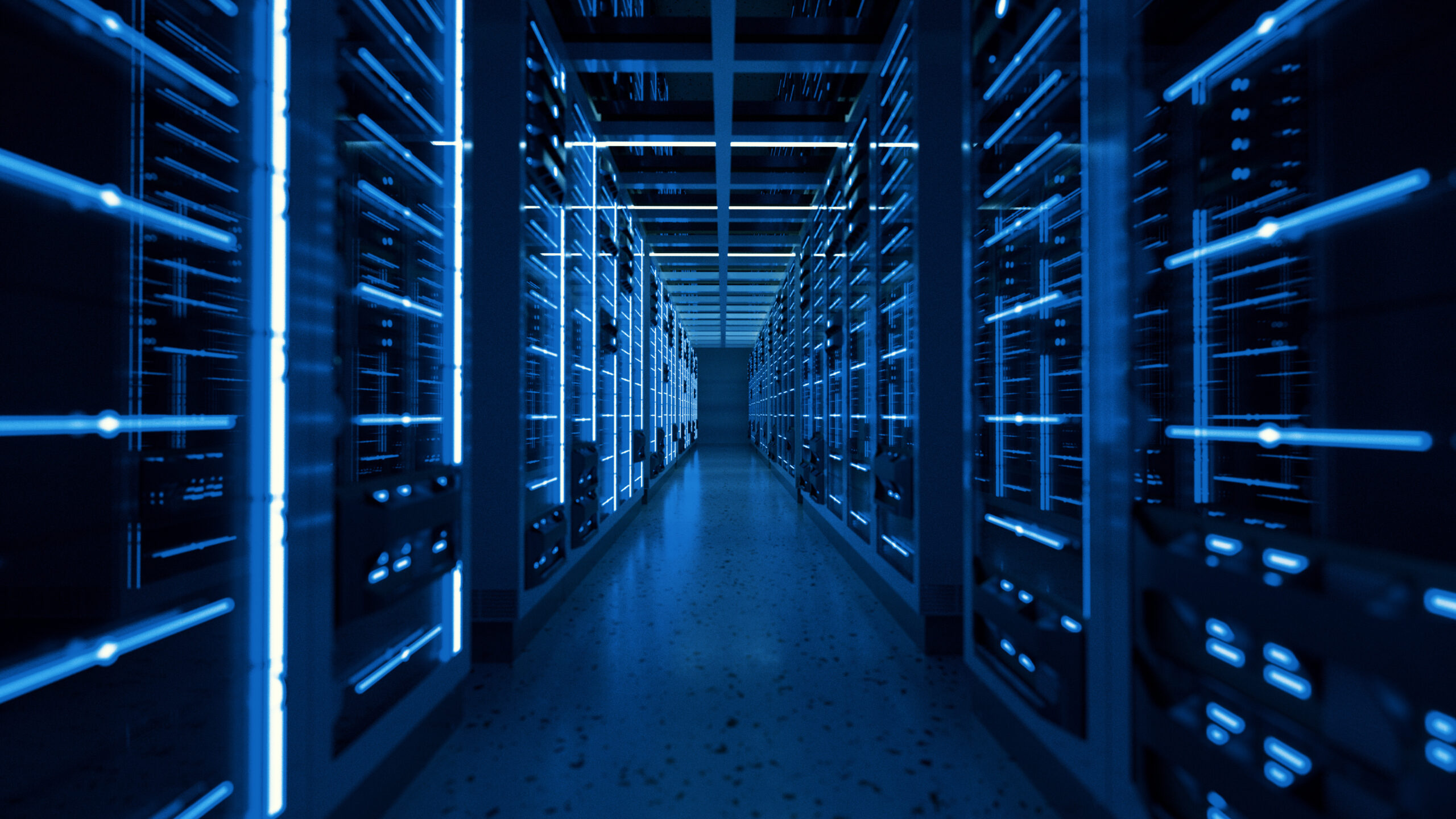 Server racks in computer network security server room data center. 3D render dark blue