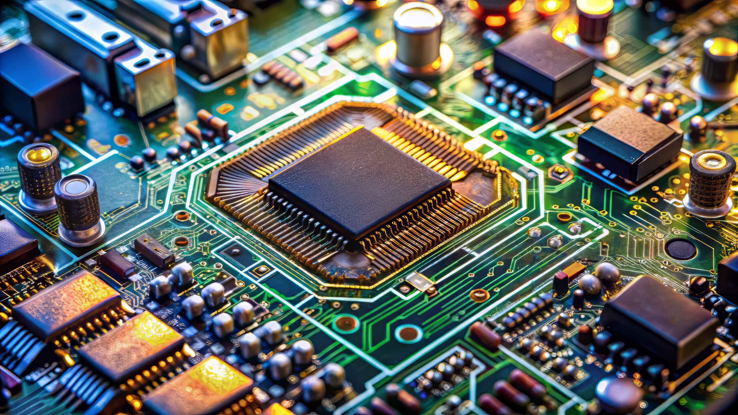 Close-up of intricate electronic circuit board with microchips, capacitors, and wires, showcasing the complex internal architecture of modern computer technology