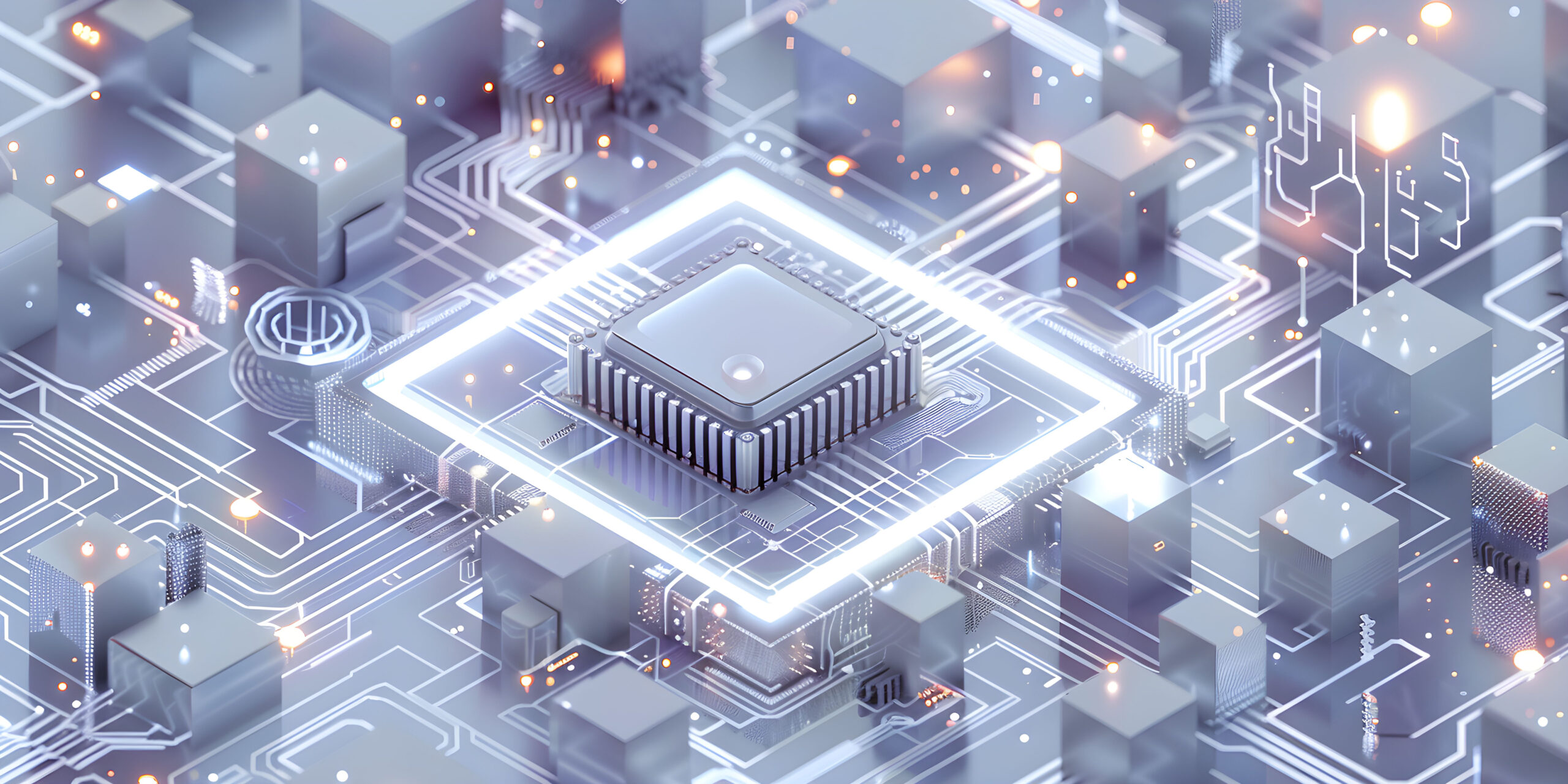 A close-up view of a silver central processing unit surrounded by a circuit board, highlighting the intricate design and connectivity of microchips and electronic components in a futuristic setting